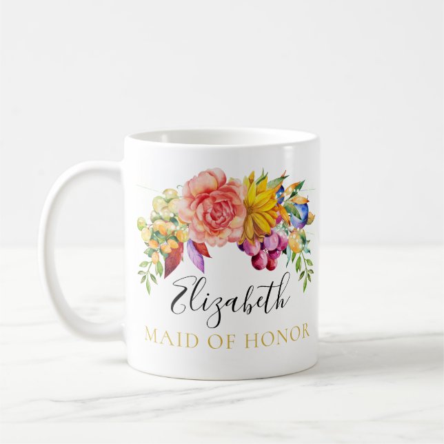 Floral Bouquet Maid of Honour with Name Coffee Mug (Left)