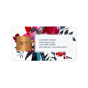 Floral bouquet metallic copper square monogram label