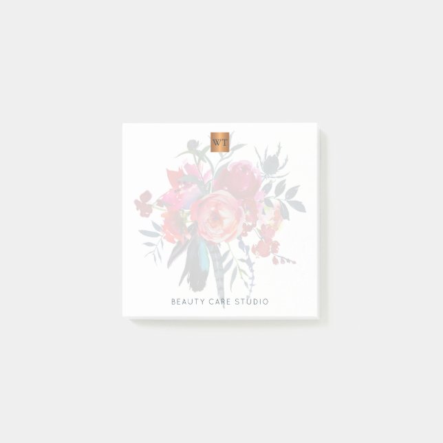 Floral bouquet metallic gold copper monogrammed post-it notes (Front)