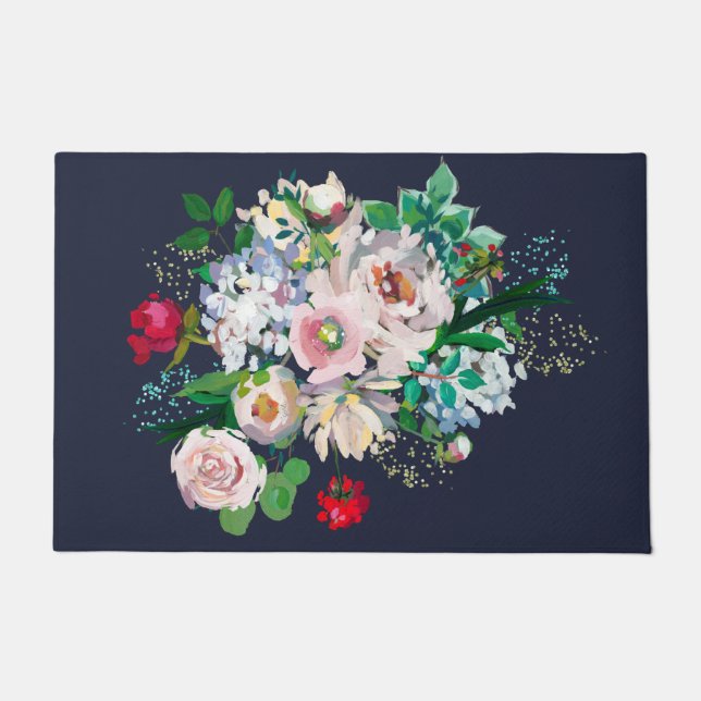 Floral Bouquet Navy Blue Doormat (Front)