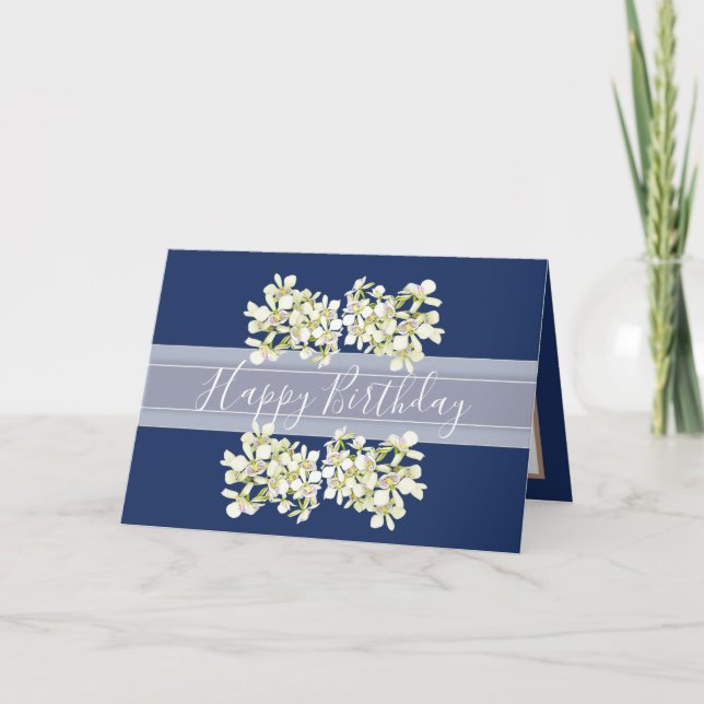Floral Bouquet Orchid Flower Blue Girl Birthday Card (Front)