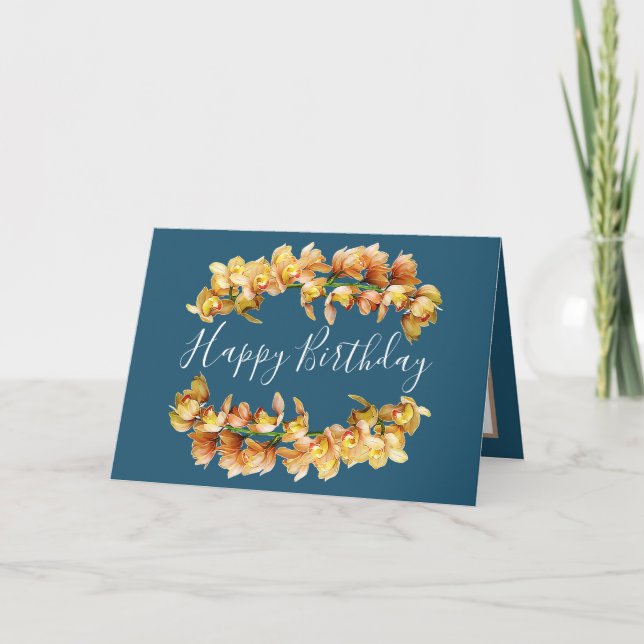 Floral Bouquet Orchid Flower Girl Blue Birthday Card (Front)