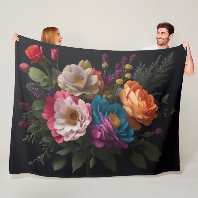 Floral Bouquet Painting on Dark Background Fleece Blanket (In Situ)