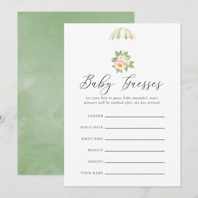 Floral Bouquet Parachute Baby Shower Baby Guesses Invitation (Front/Back)