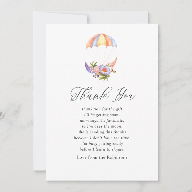 Floral Bouquet Parachute Baby Shower Thank You Card (Front)