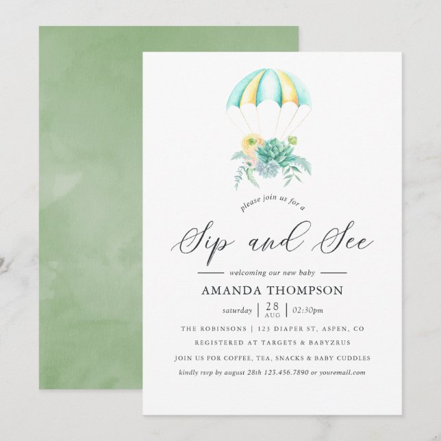 Floral Bouquet Parachute Sip and See Invitation (Front/Back)