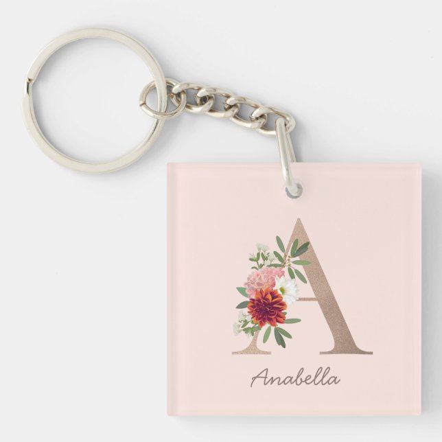 Floral bouquet personalised monogram letter A Key Ring (Front)