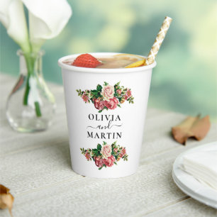 Floral Bouquet Script Wedding Paper Cups