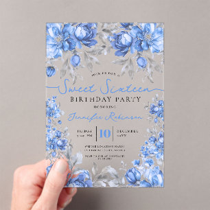 Floral Bouquet Sweet 16 Birthday Party Blue Acrylic Invitations