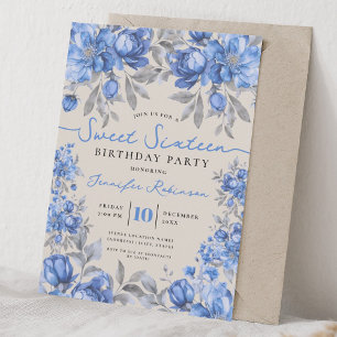Floral Bouquet Sweet 16 Birthday Party Blue Invitation