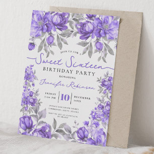 Floral Bouquet Sweet 16 Birthday Party Purple Invitation