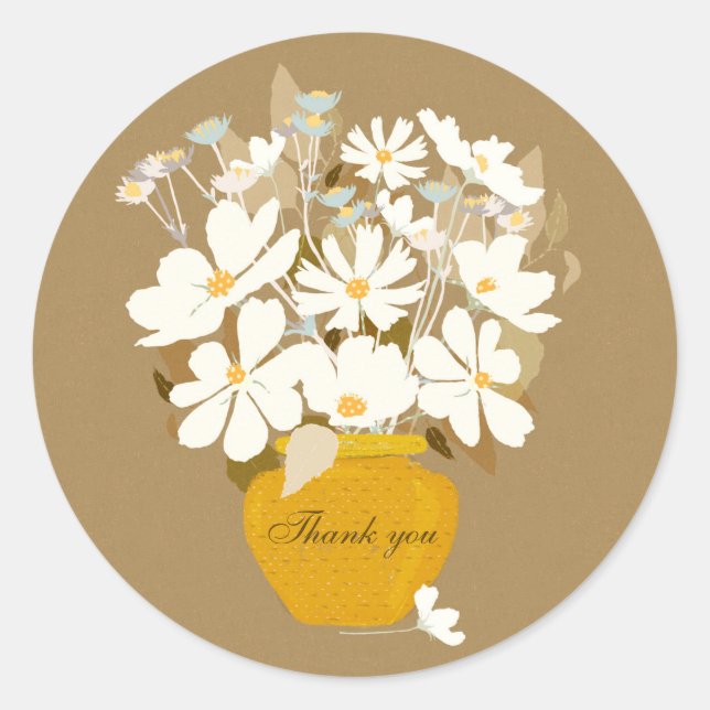 Floral bouquet Thank you gold vase white cosmos  Classic Round Sticker (Front)