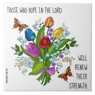 Floral Bouquet, w verse from Isaiah 40:31 Tile