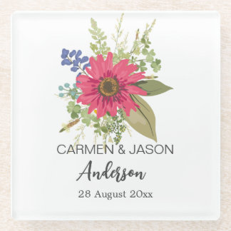  Floral Bouquet Wedding Custom Name Glass Coaster