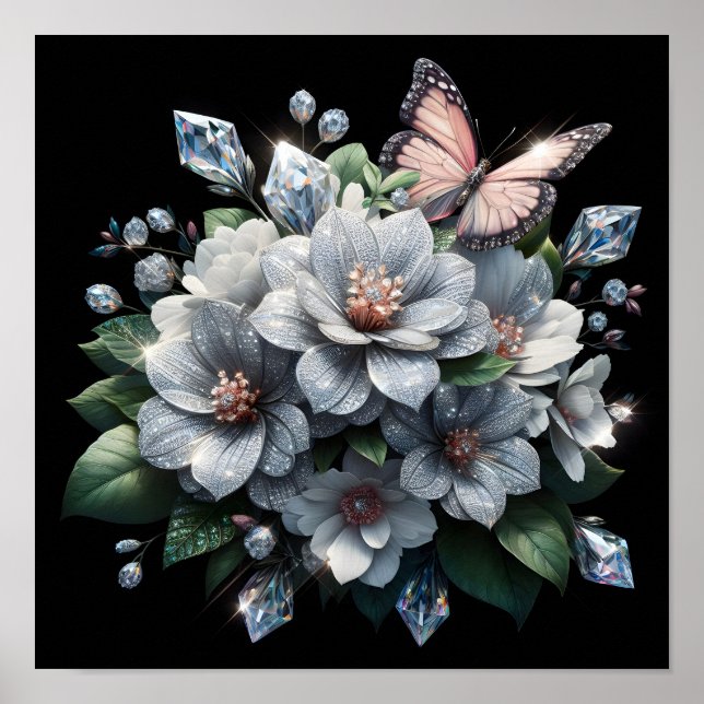 Floral Bouquet with Diamonds and Butterfly Poster (Front)