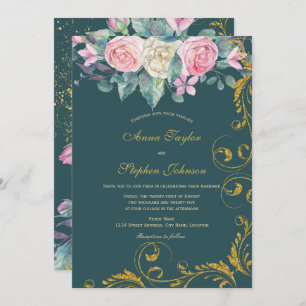 Floral Bouquet with Faux Gold Glitter Swirls Invitation