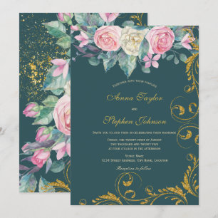 Floral Bouquet with Faux Gold Glitter Swirls Invitation