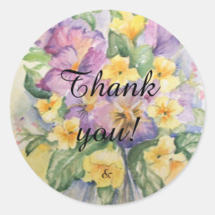 Floral bouquet with lilak pansies thank you classic round sticker