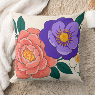 Floral Bouquet with Purple and Coral Blossoms Cushion