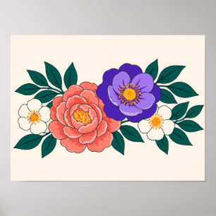 Floral Bouquet with Purple and Coral Blossoms Poster