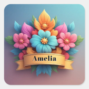 Floral Bouquet With Ribbon Banner 🌸 Square Sticker