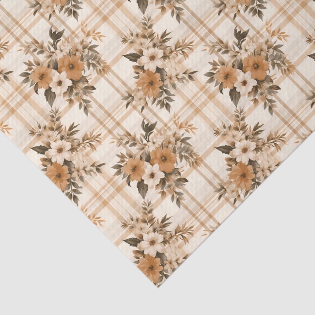 Floral Bouquets and Autumn Plaid 3 Sheets Tissue Paper (Detail)