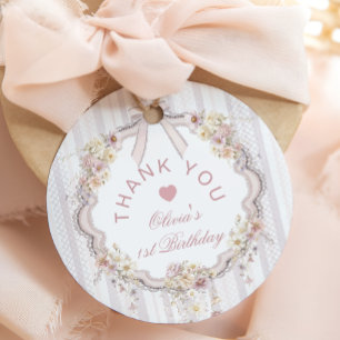 Floral Bow 1st Girl Birthday Thank you Favour Tags