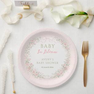 Floral Bow Baby in Bloom Girl Baby Shower Paper Plate