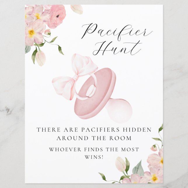 Floral Bow Baby Shower Pacifier Hunt Game Sign (Front)