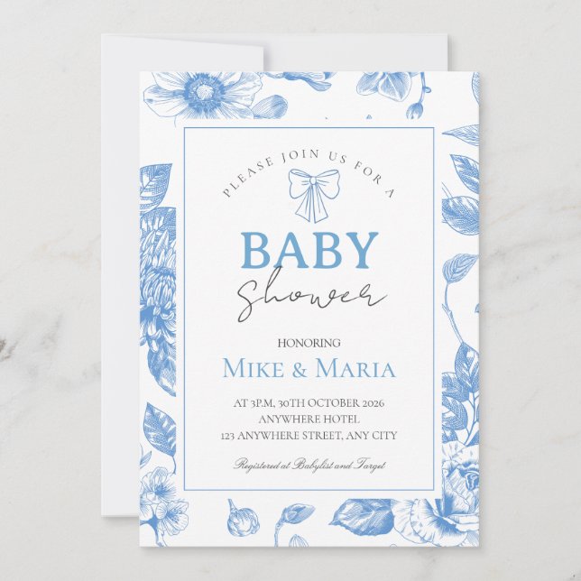 Floral bow boy baby shower invitation (Front)