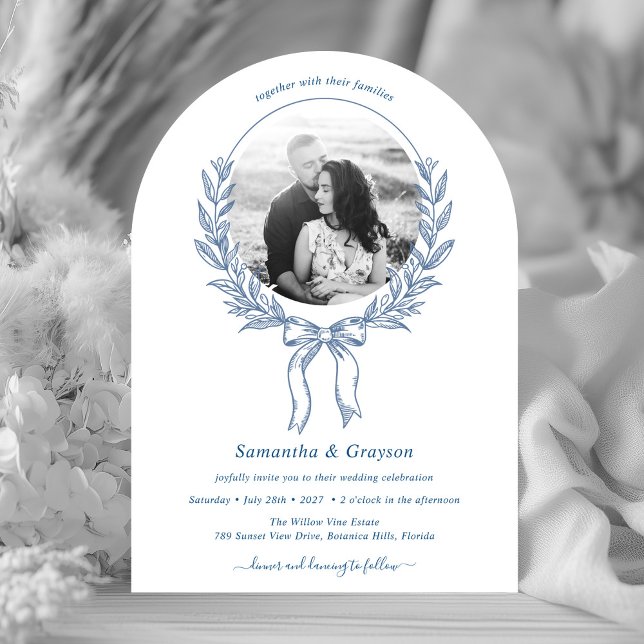 Floral Bow Circle Photo Frame Wedding Invitation (Creator Uploaded)