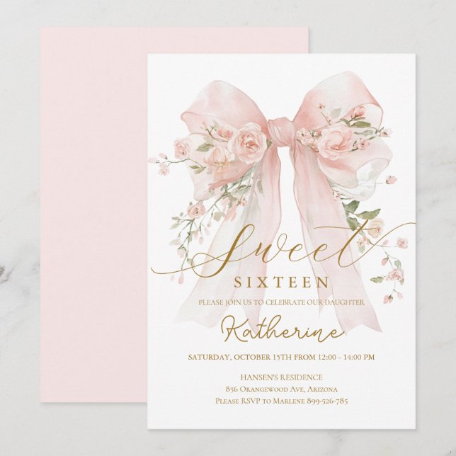 Floral Bow Coquette Sweet Sixteen Invitation (Front/Back)