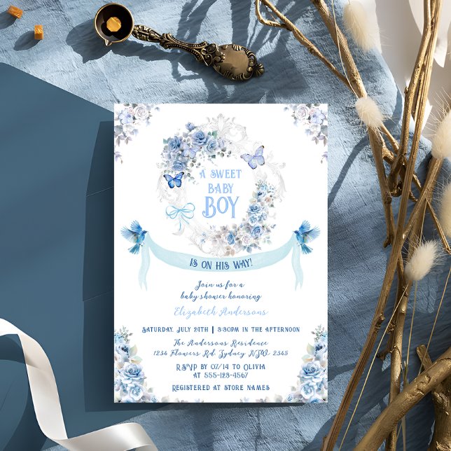Floral Bow Crest Sweet Baby Boy Baby Shower Invitation (Creator Uploaded)