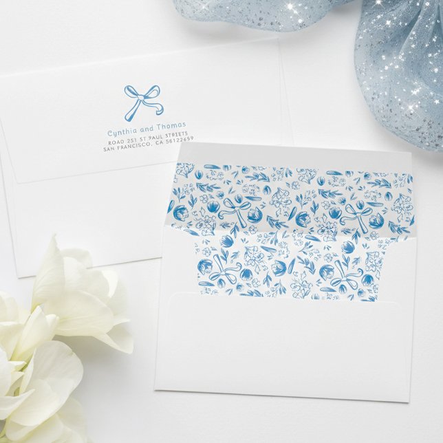Floral Bow Dusty Blue Whimsical Modern Hand Drawn Envelope (Dusty Blue Whimsical Hand Drawn Bridal Shower Envelopes)