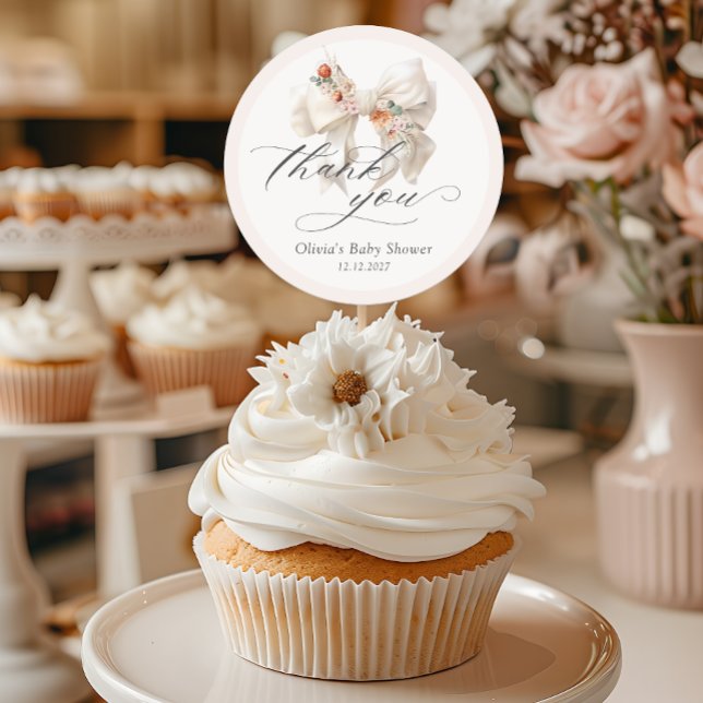 Floral Bow Elegant Baby Shower Thank you Classic Round Sticker (Creator Uploaded)