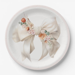 Floral Bow Elegant Neutral Baby Shower Paper Plate