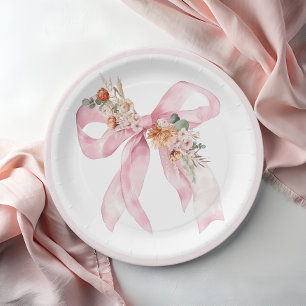 Floral Bow Elegant Pink Baby Shower Paper Plate