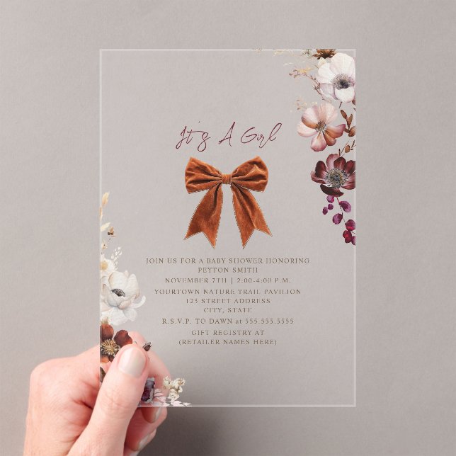 Floral Bow Fall Winter Girl Baby Shower Invitation (Insitu (Handheld))