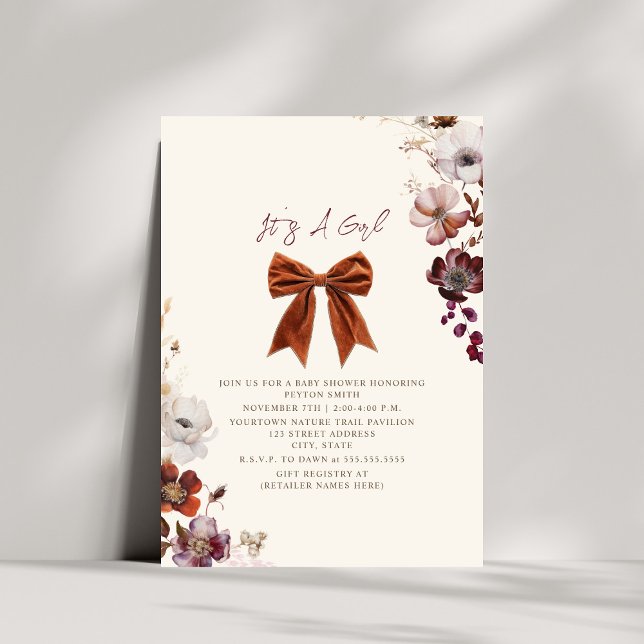 Floral Bow Fall Winter Girl Baby Shower Invitation (Creator Uploaded)