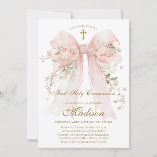 Floral Bow First Holy Communion Invitation