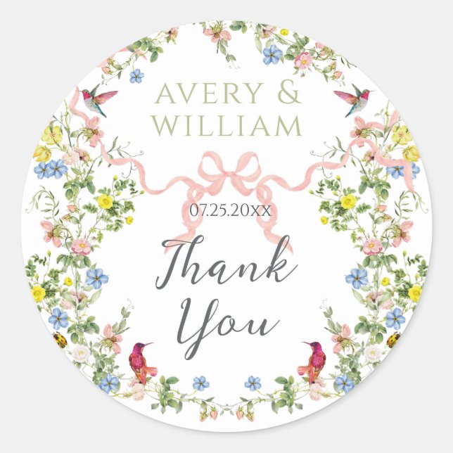 Floral Bow Garden Rustic Elegant Photo Wedding Classic Round Sticker (Front)