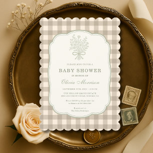 Floral Bow Gingham Beige Ivory Baby Shower Invitation