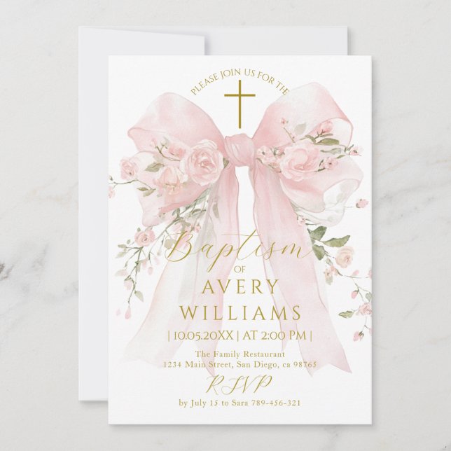 Floral Bow Girls Baptism Elegant Flower Digital Invitation (Front)