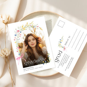 Floral Bow Modern Photo Graduation Announcement Postcard