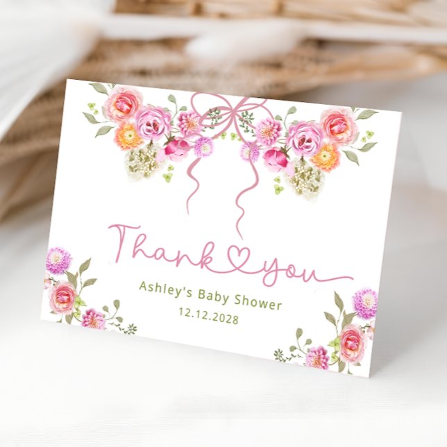 Floral Bow Pink Baby Shower Thank You Card  (Creator Uploaded)