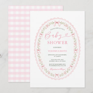 Floral Bow Pink Gingham Coquette Baby Shower Invitation