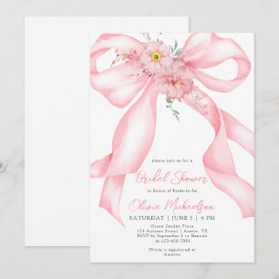 Floral Bow Pink Ribbon Boho Coquette Bridal Shower Invitation