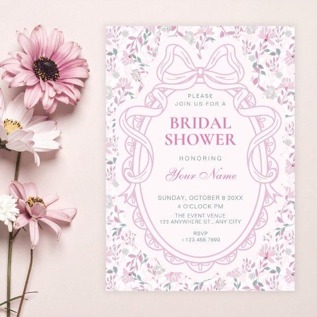 Floral bow pink soft bridal shower invitation (Creator Uploaded)