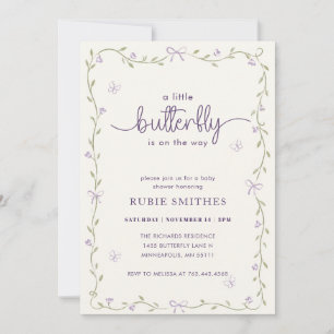 Floral Bow Sprinkle Lavender Butterfly Baby Shower Invitation