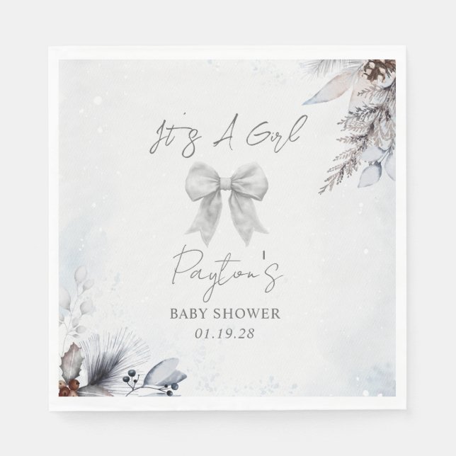 Floral Bow Winter Girl Baby Shower Welcome Napkin (Front)